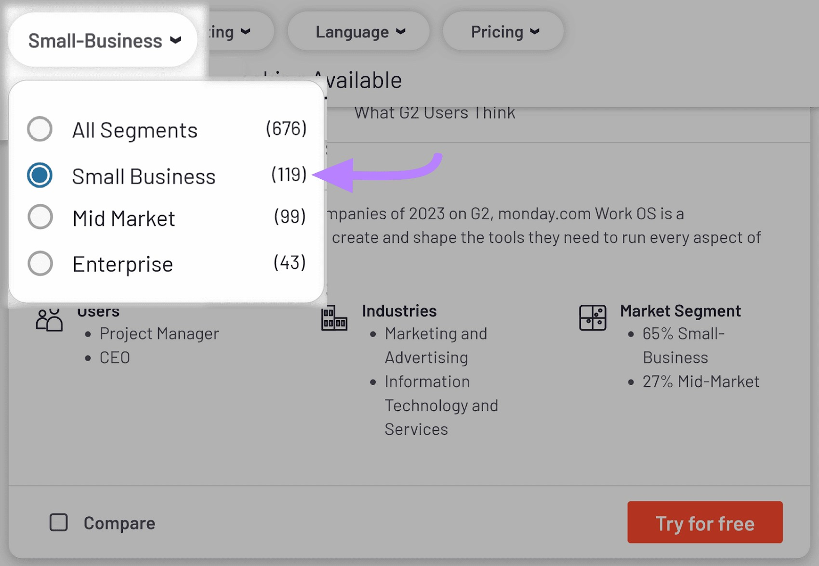 "Small Business" filter selected on G2 page