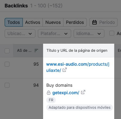 Lista de backlinks en las herramientas de Semrush