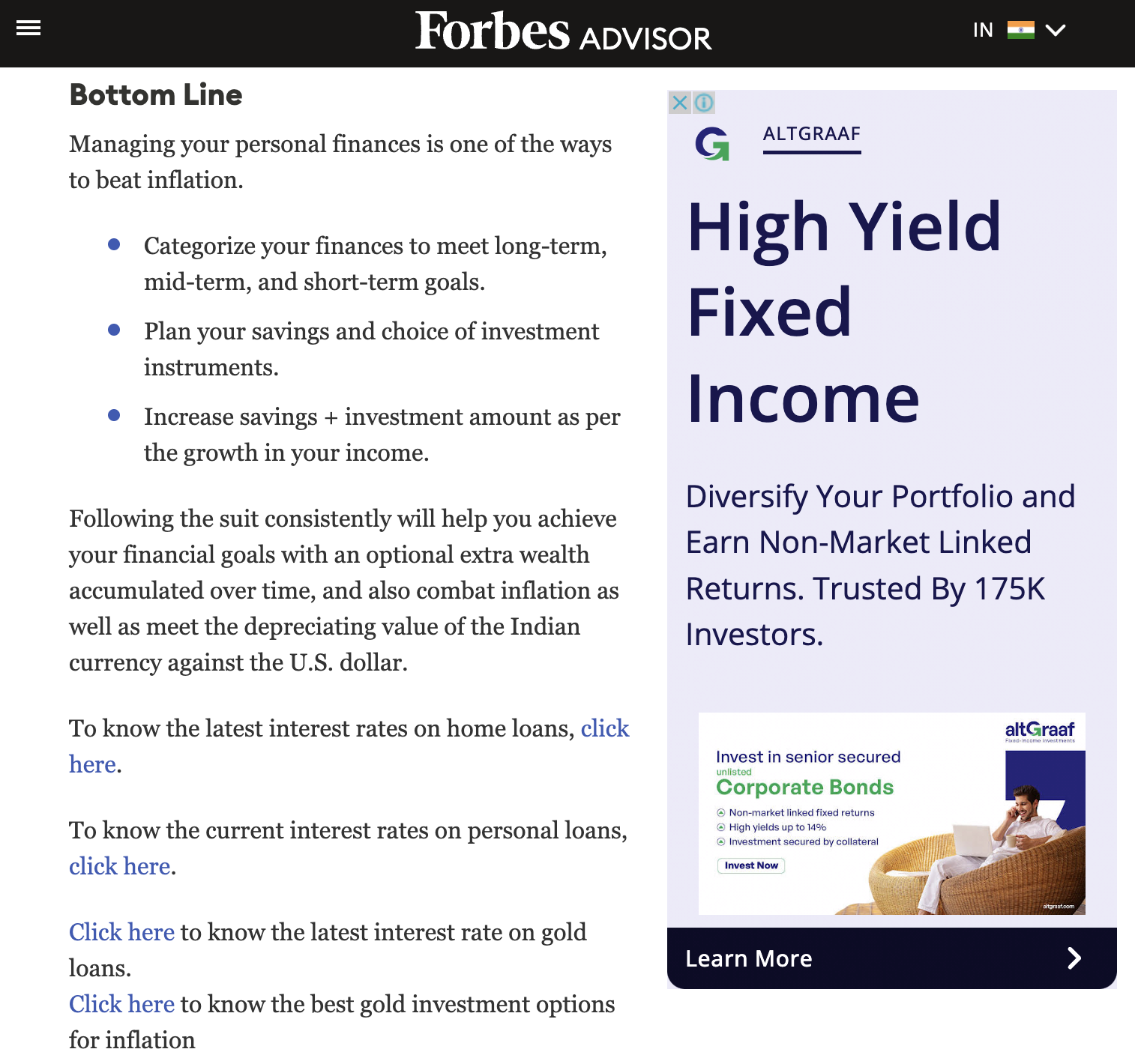 sidebar ad on Forbes shows an ad for personal finances with a call to action to learn more