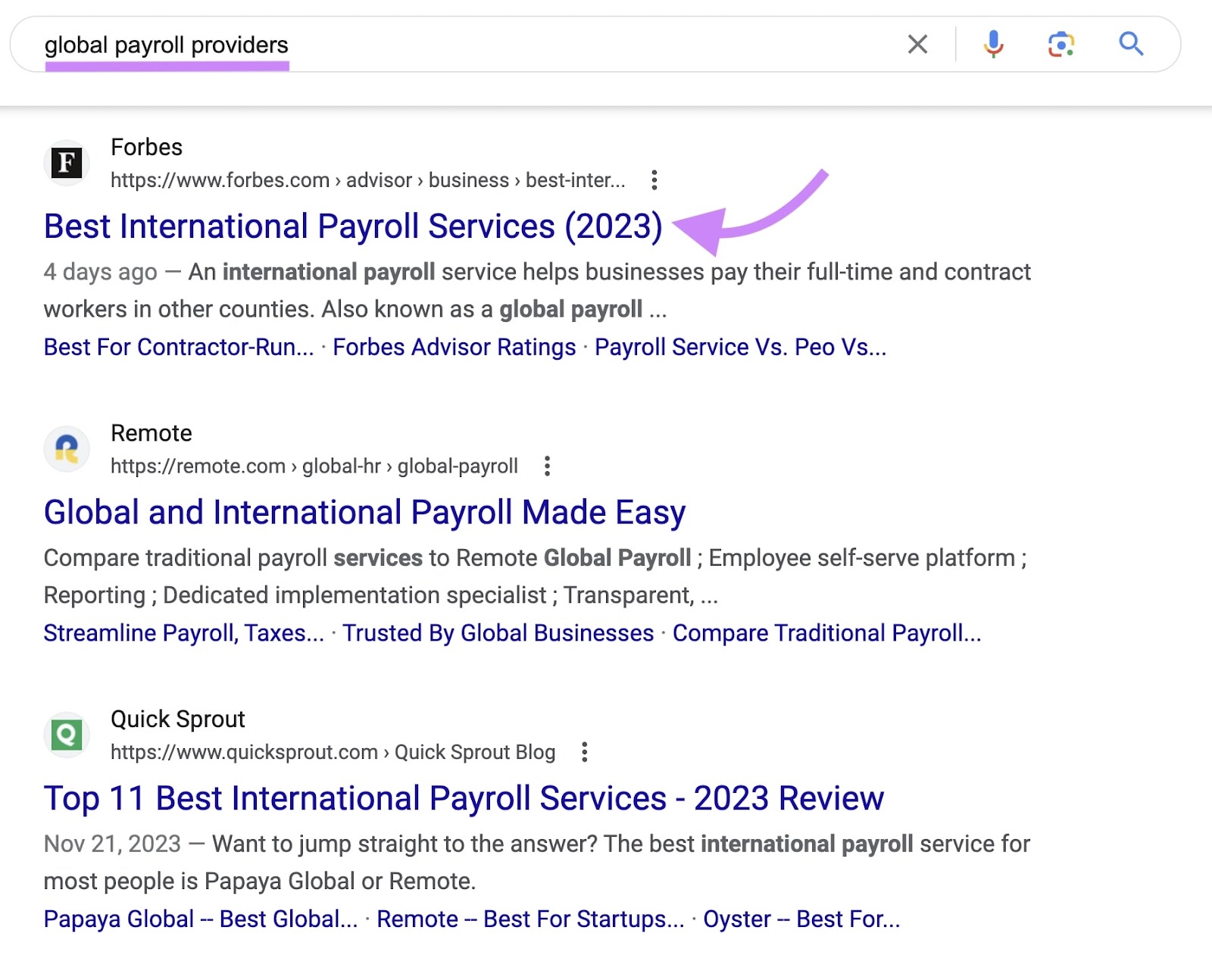 Google's SERP for “global payroll providers" query