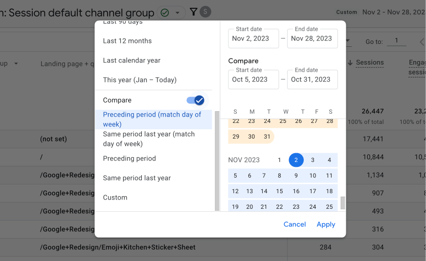 Select the dates you want to compare in your report