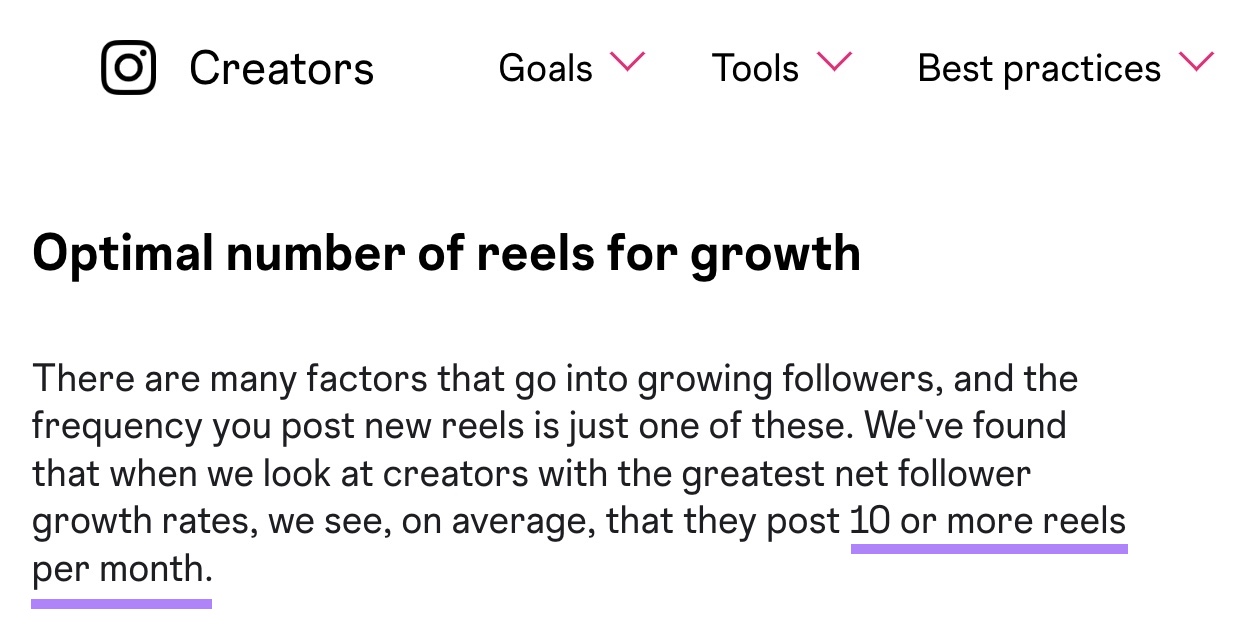 Instagram recommendations for creators encouraging users to post 10 or more reels every month for optimal follower growth.