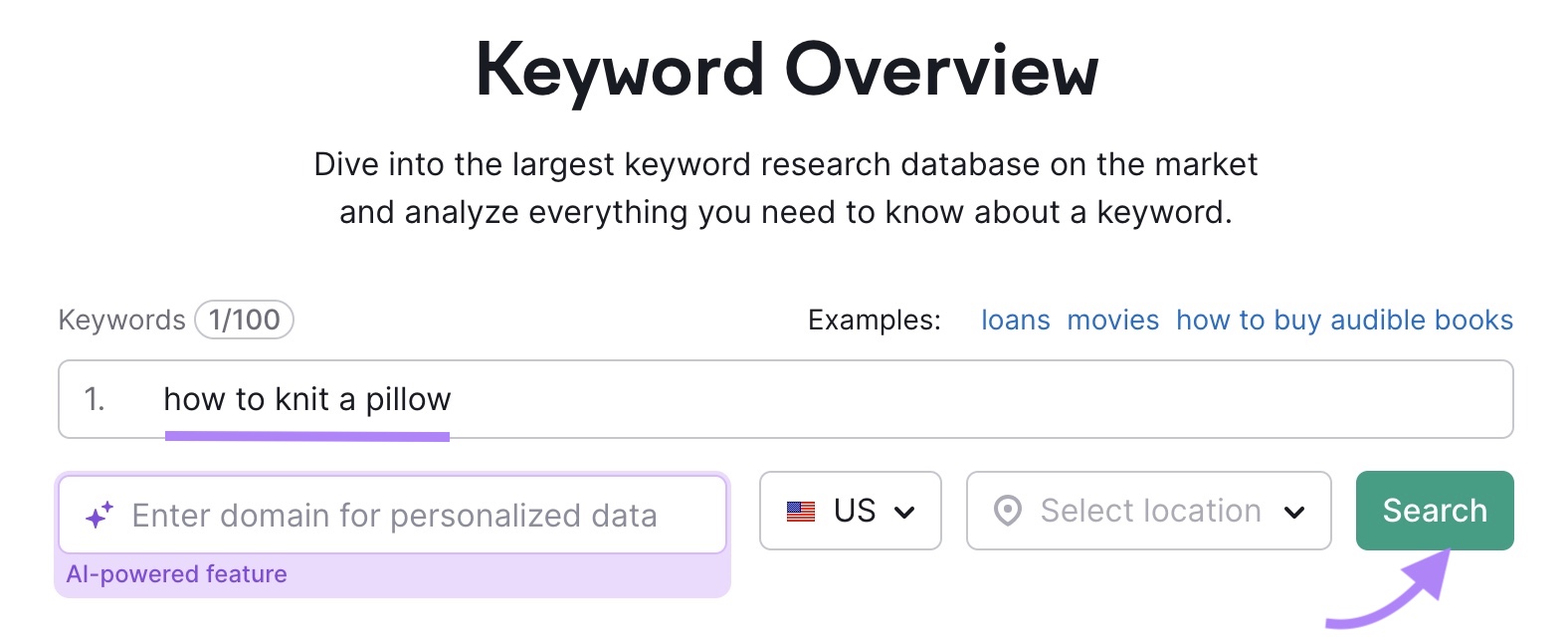 Keyword Overview instrumentality   commencement  with "how to knit a pillow" entered and the "Search" fastener  highlighted.