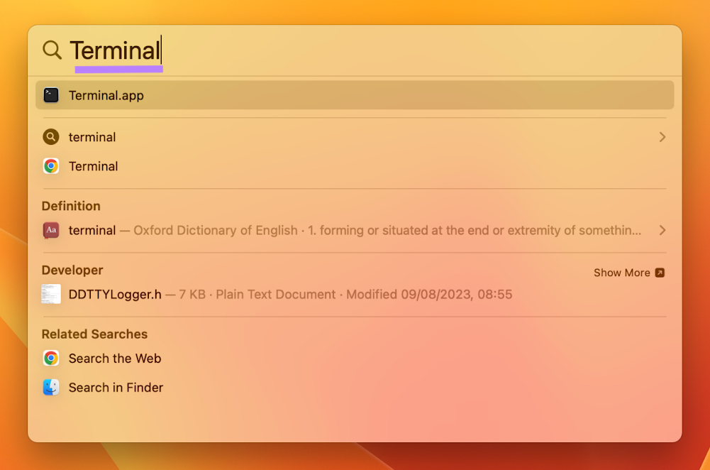 "Terminal.app” selected under the Spotlight search bar
