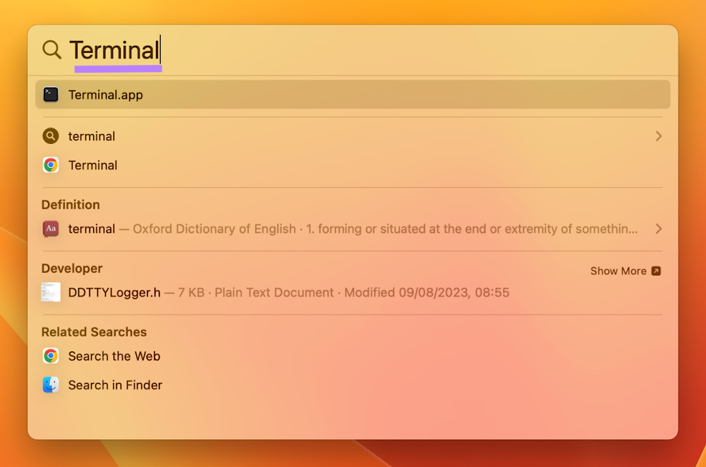 "Terminal.app" seleccionado en la barra de búsqueda de Spotlight
