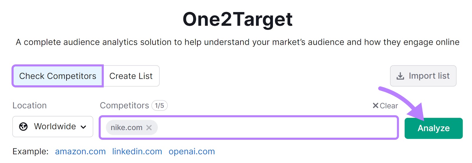 "nike.com" entered into the One2Target tool search bar