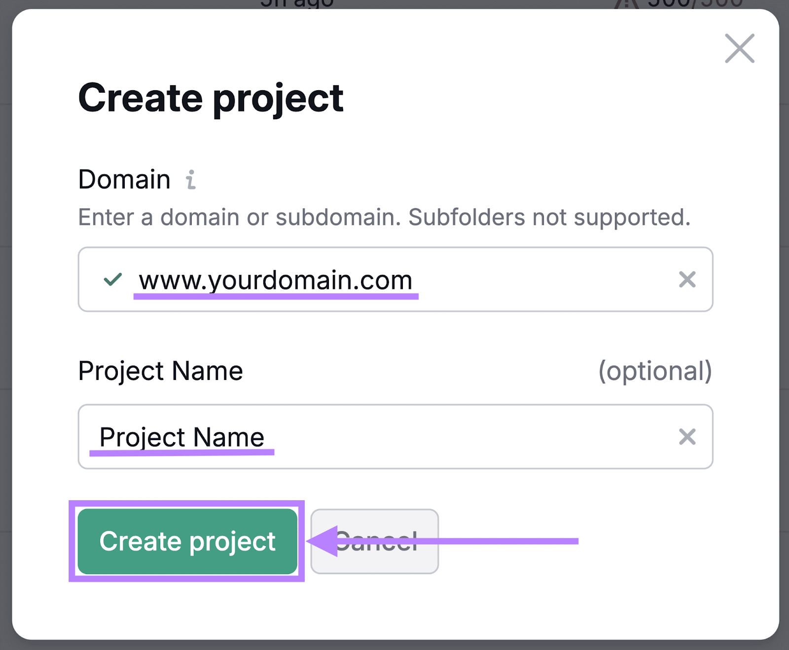 Semrush Site Audit's project creation screen with the domain and project name fields filled, and the "Create project" buttton highlighted