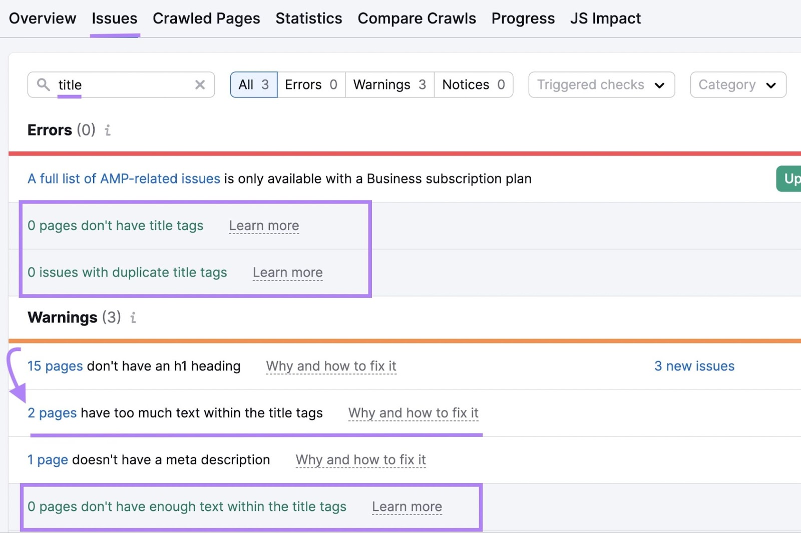 Semrush Site Audit title tag issues highlighting the pages that are clickable