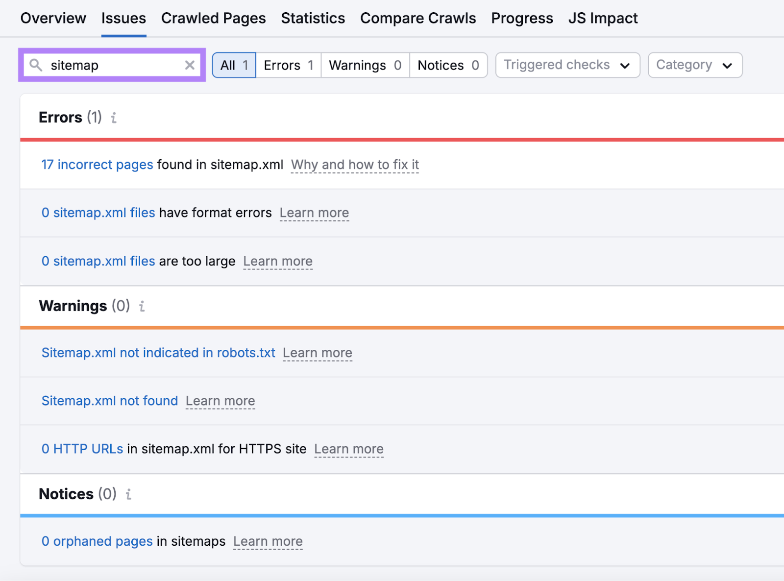 search for sitemap issues in site audit tool shows incorrect pages, format errors, and more