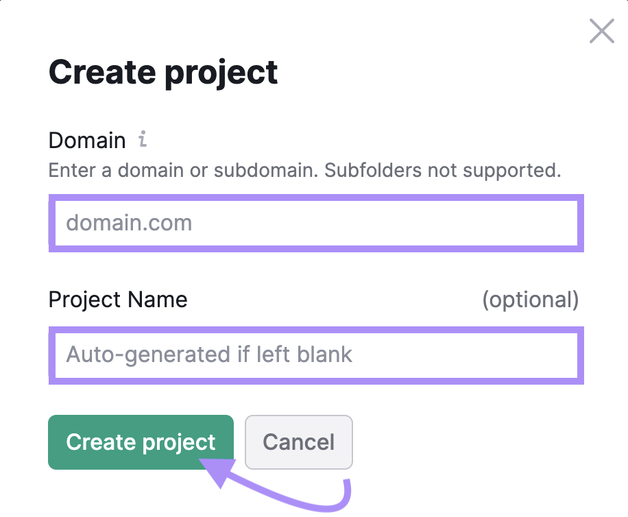 "Create project" window in Site Audit