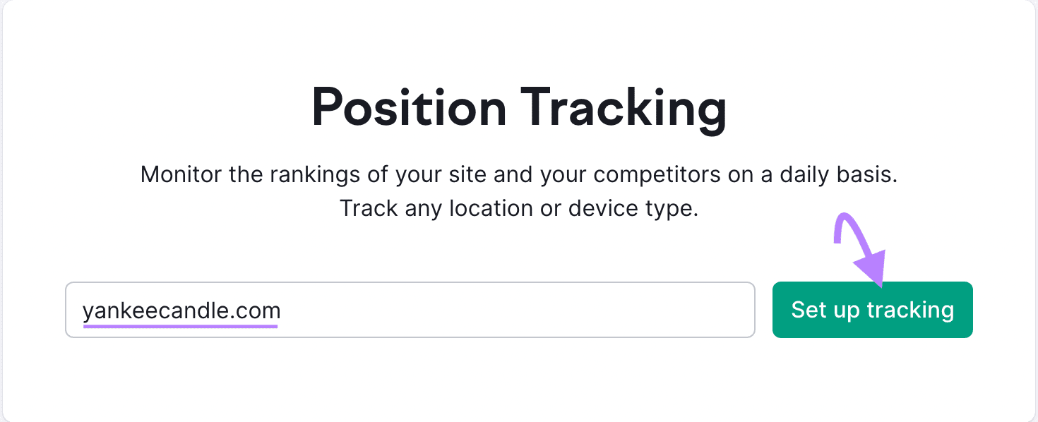 "yankeecandle.com" entered into Position Tracking search bar
