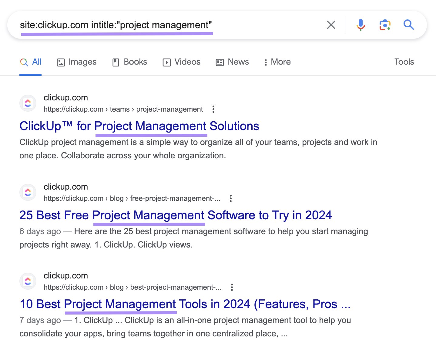 Google's SERP for "site:clickup.com intitle:"project management"" search query