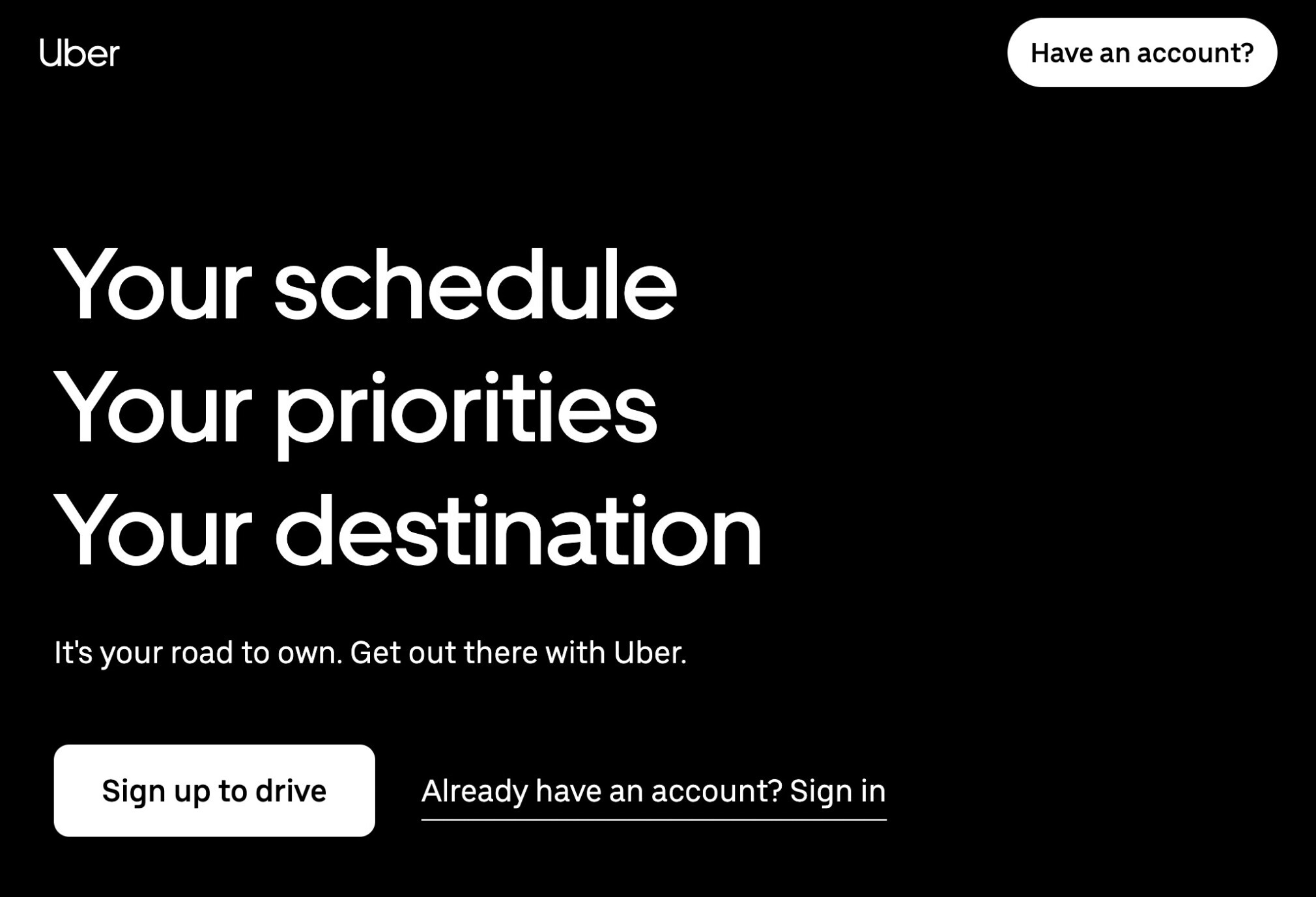 Uber's driver sign up landing page