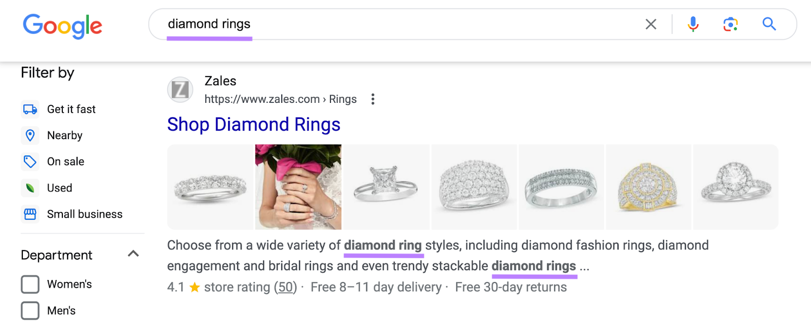 A Google result for "diamond rings." The terms "diamond ring" and "diamond rings" are bolded in the result's description.