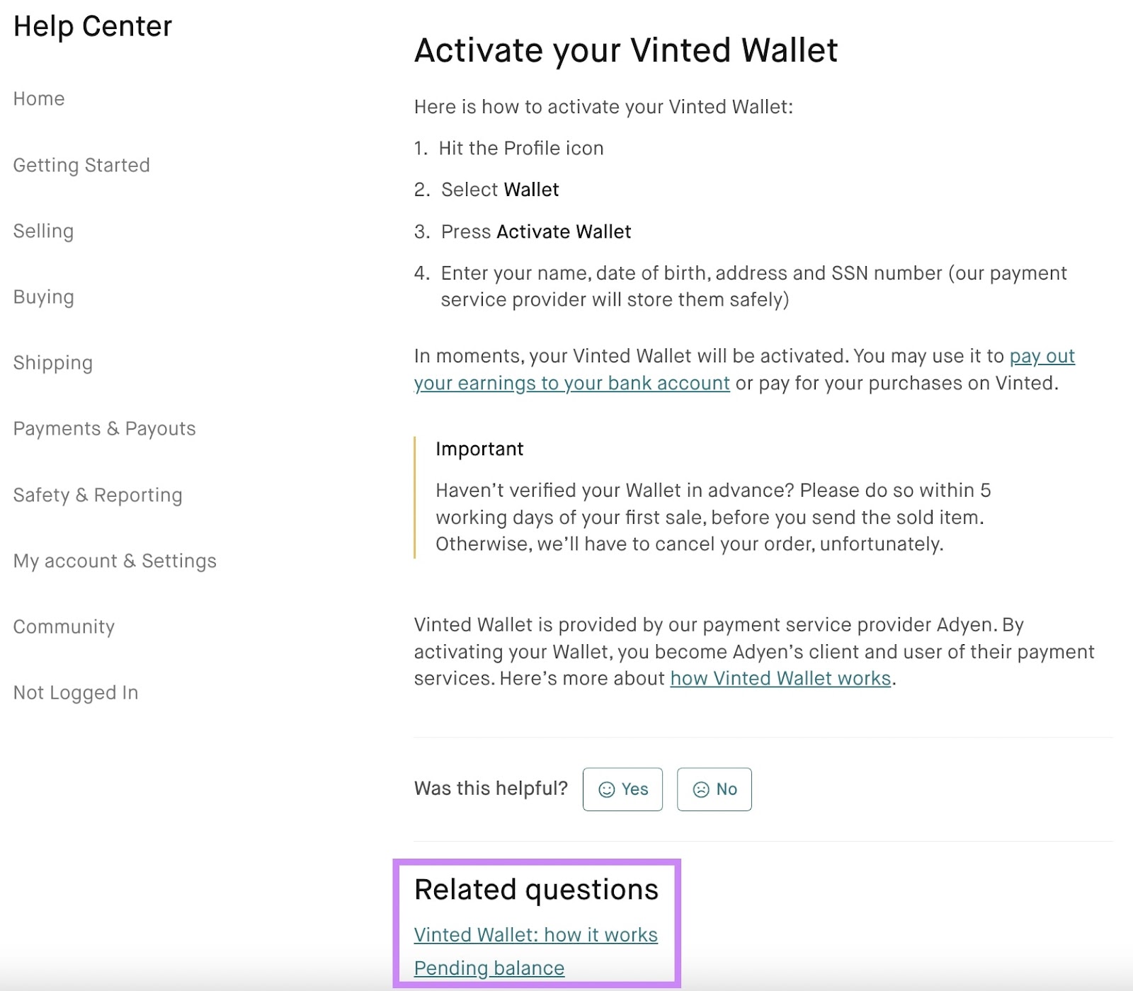 "Related questions" section highlighted at the bottom of "Activate your Vinted Wallet" page