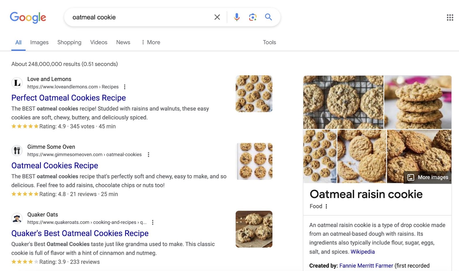 search results page for "oatmeal cookie" shows oatmeal cookie recipes ranking for top organic results