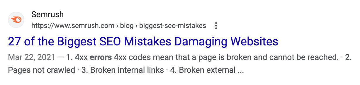 an article by Semrush titled: "27 of the Biggest SEO Mistakes Damaging Websites"