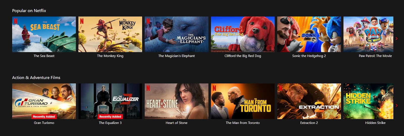 A screen showing movies recommended by Netflix