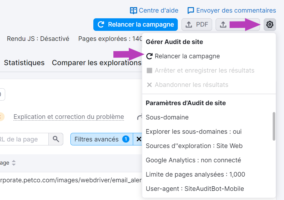 Relancer la campagne dans Audit de site de Semrush