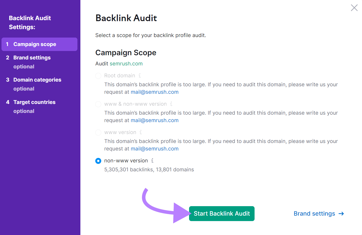 "Start Backlink Audit" button