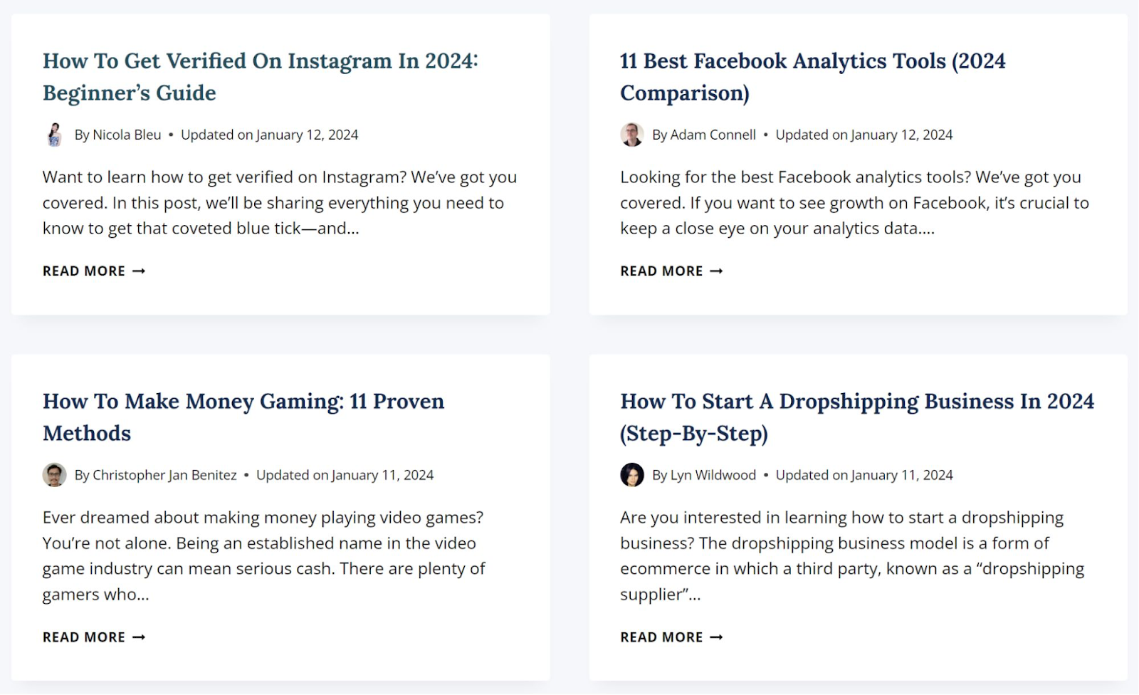 A section of featured articles on Blogging Wizard's page