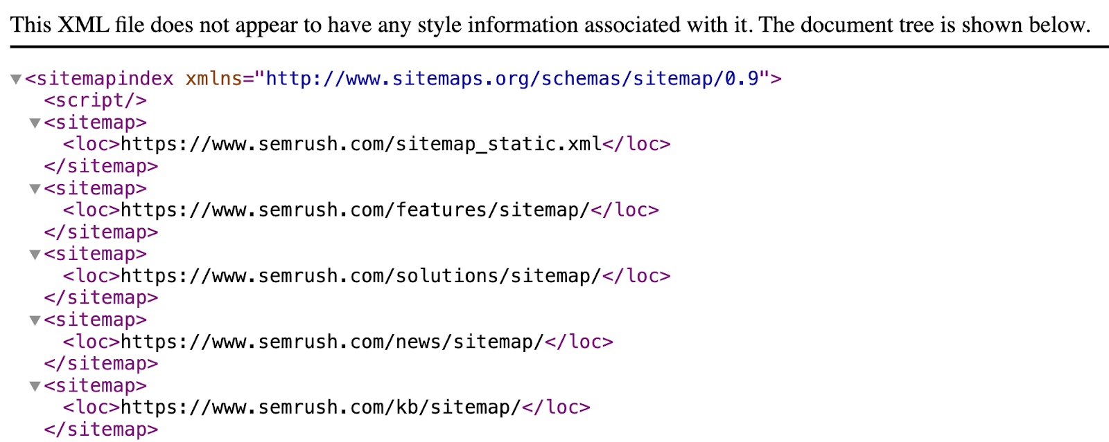 xml sitemap showing a full list of URLs in plain text so crawlers can easily access them