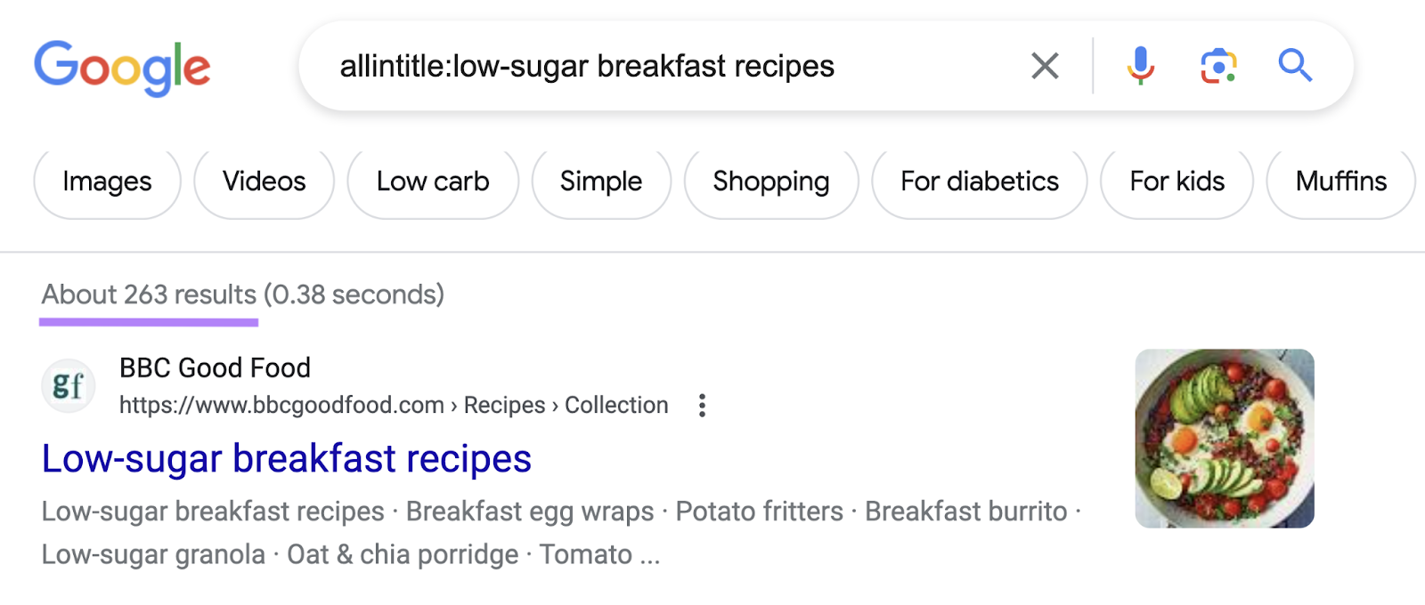 Google's SERP for “allintitle:low-sugar breakfast recipes”