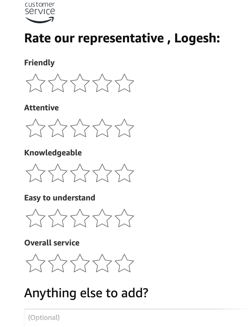 Amazon customer service' "Rate our representative" survey