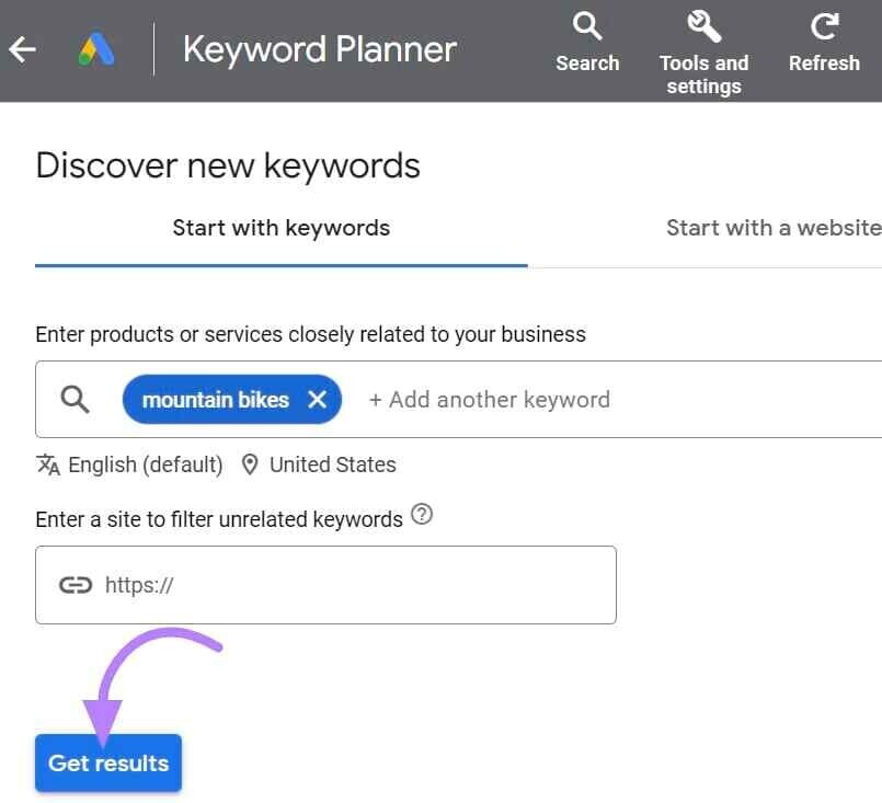 Discover new keywords for "mountain bikes" in Google Keyword Planner