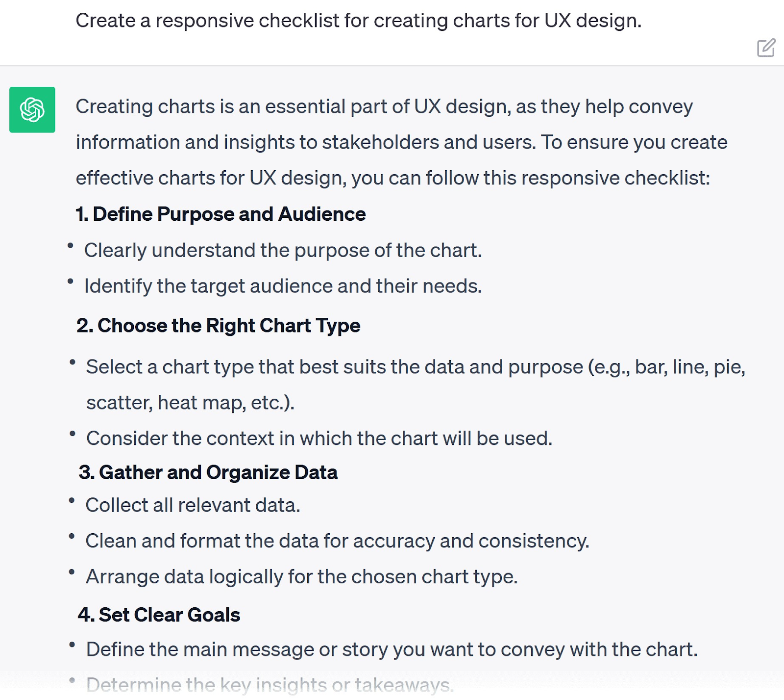 A new prompt asking ChatGPT to create a responsive checklist for creating charts for UX design
