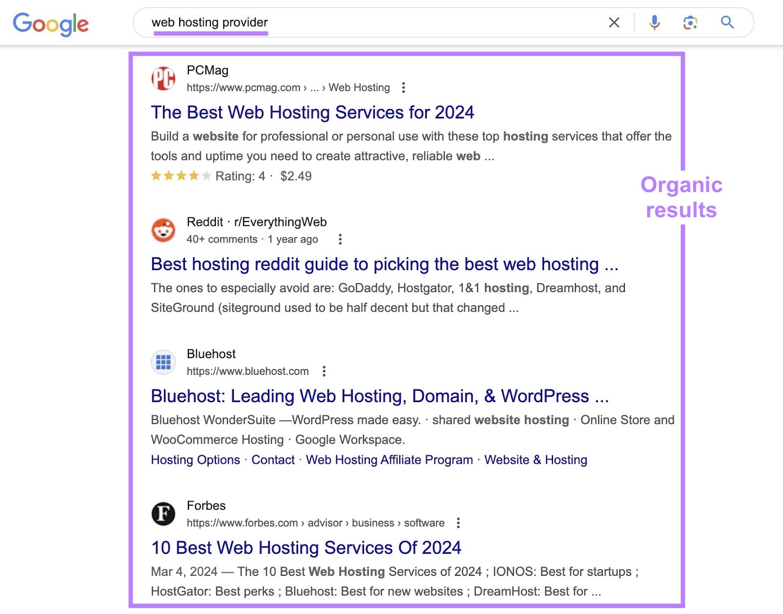 organic results connected  Google serp for "web hosting provider" query