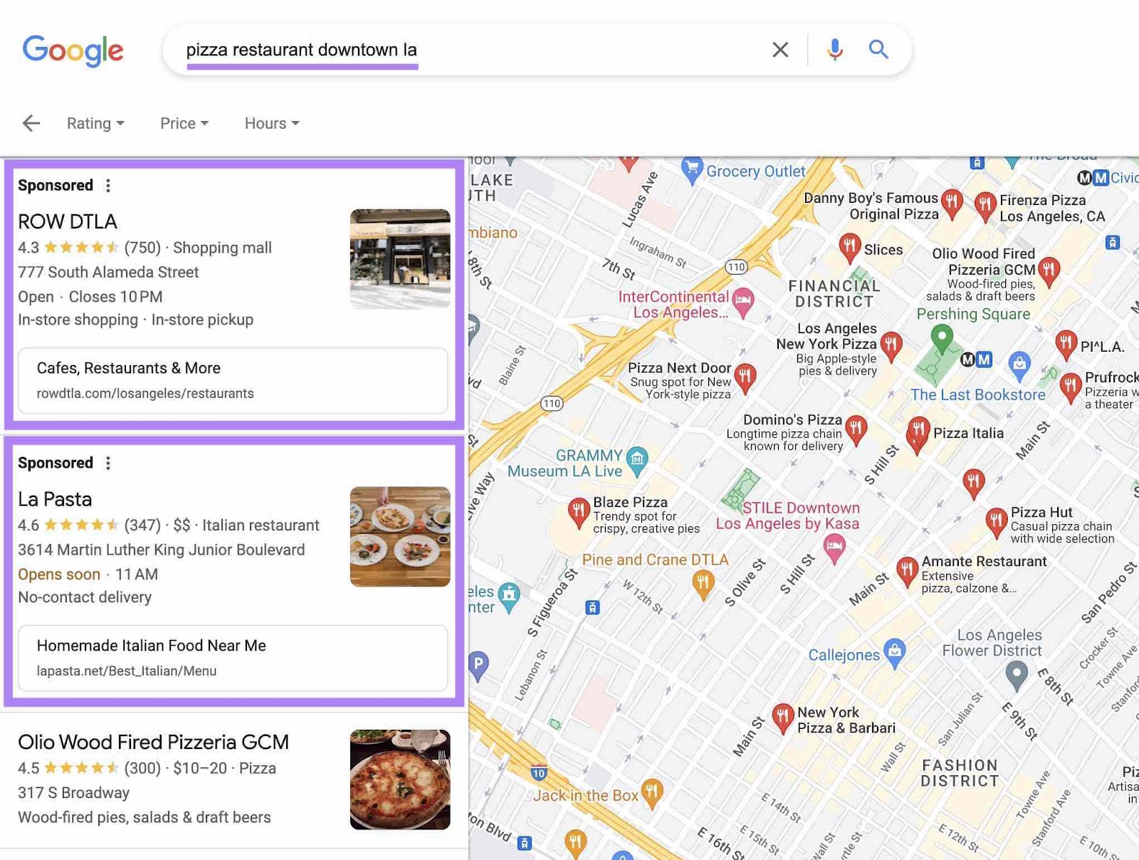 Google results for "pizza restaurant downtown la" showing sponsored results in the local finder.