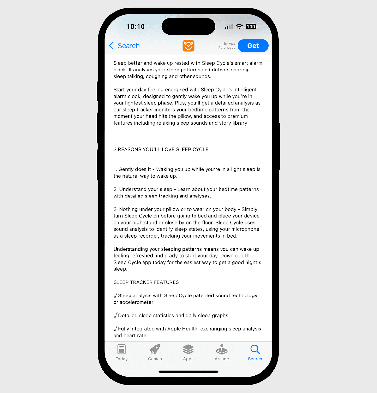 Sleep Cycle description in Apple App Store