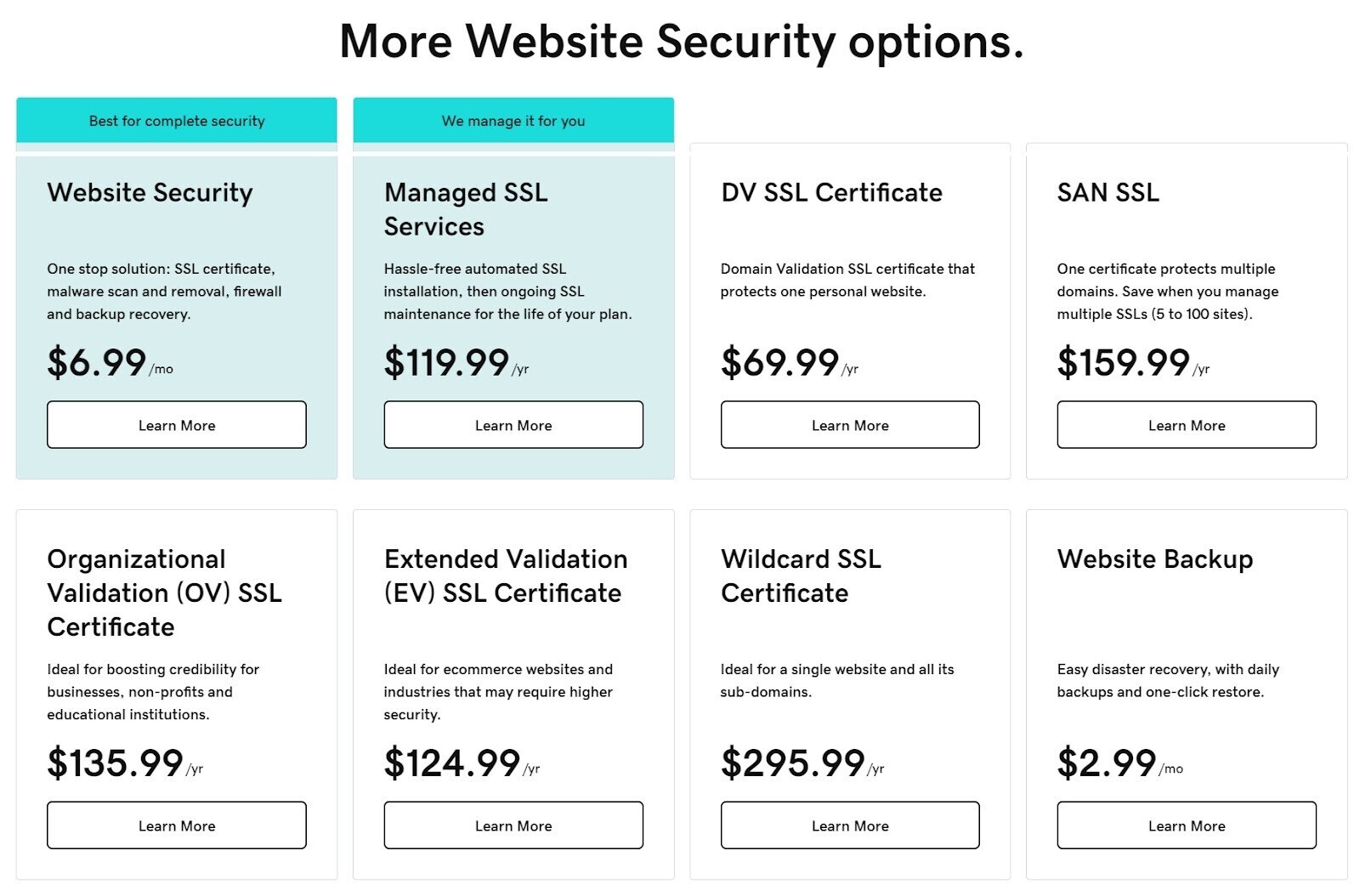 GoDaddy's "More Website Security options." page