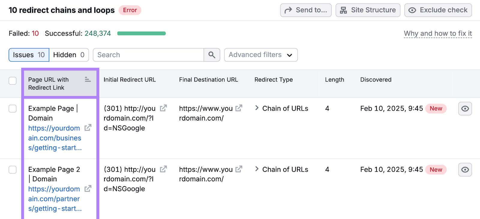 The report lists page URL with redirect link, the initial redirect URL, the final destination URL, and more.