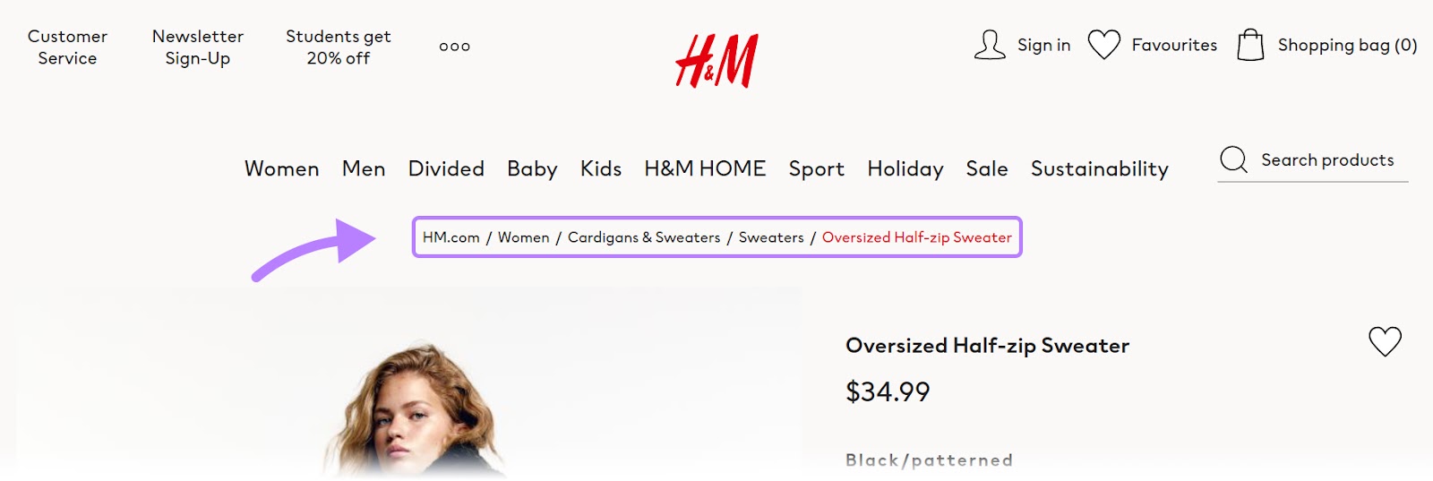 H&M's breadcrumb navigation at the top of a product listing
