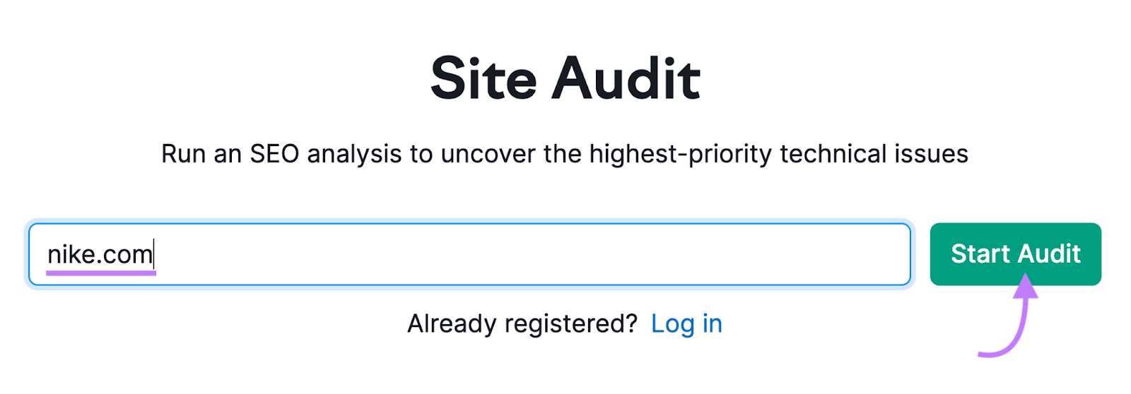 "nike.com" entered into Site Audit search bar