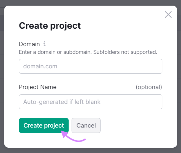 "Create project" popup window in Link Building Tool