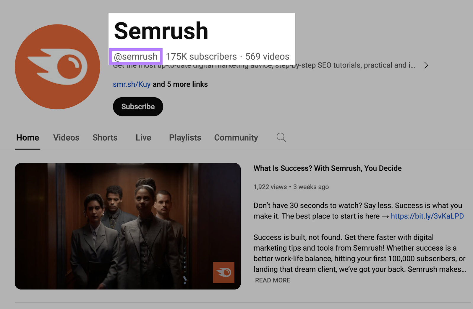 Semrush's YouTube profile with the handle "@semrush" highlighted