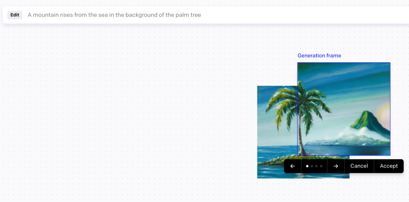 using outpainting in a generated image on "a mountain rises from the sea in the background of the palm tree"