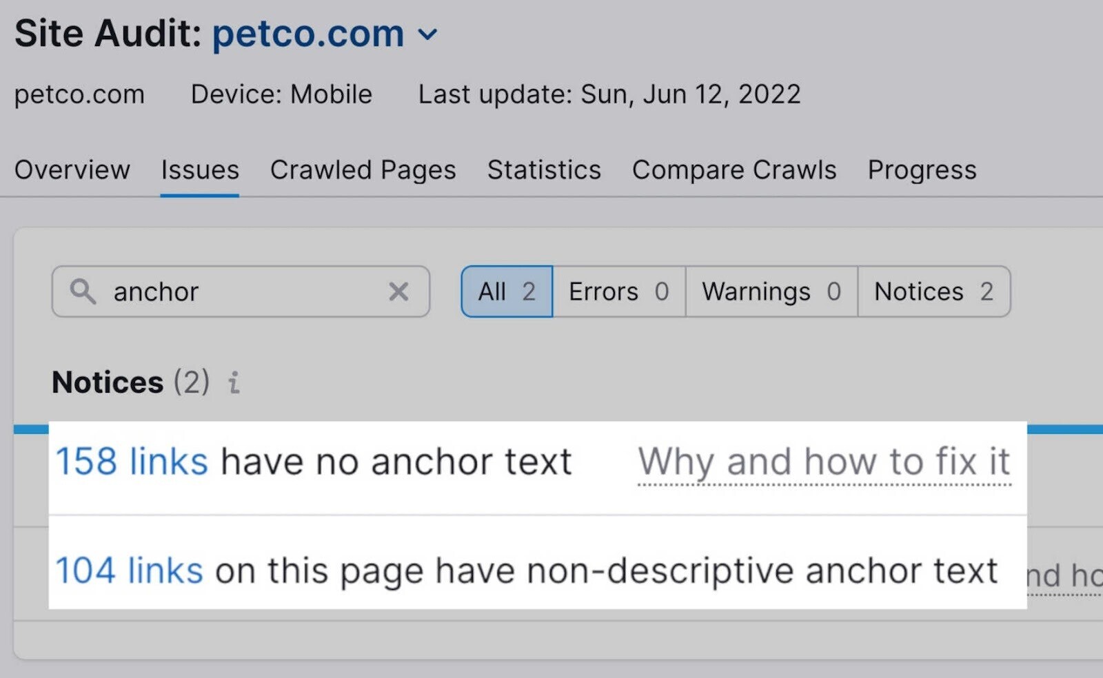 Anchor text notices in Site Audit