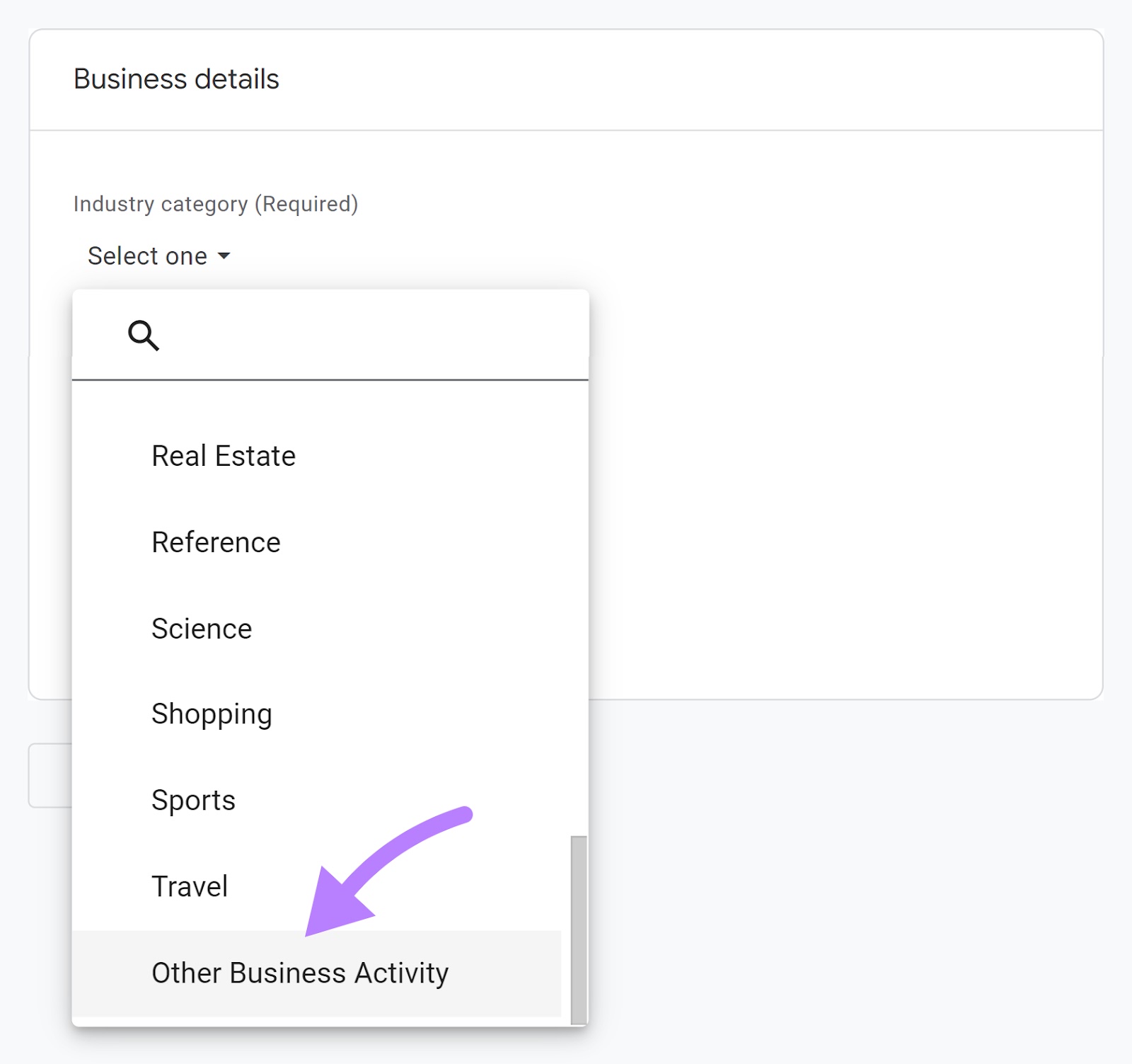 "Other Business Activity" selected under "Industry category" drop-down menu