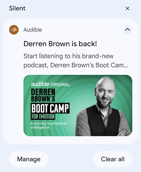 Audible push notification for a new podcast featuring a title, description, and a photo of the podcaster