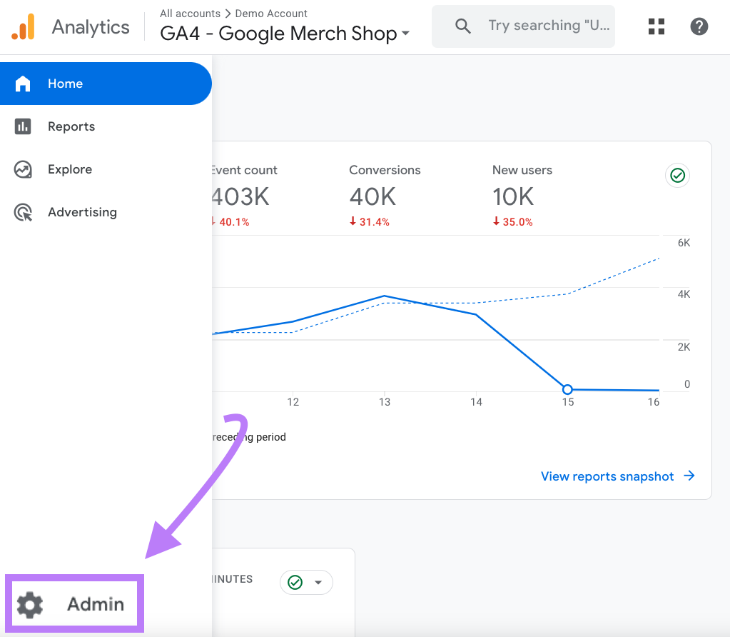 "Admin" button highlighted on Google Analytics home screen