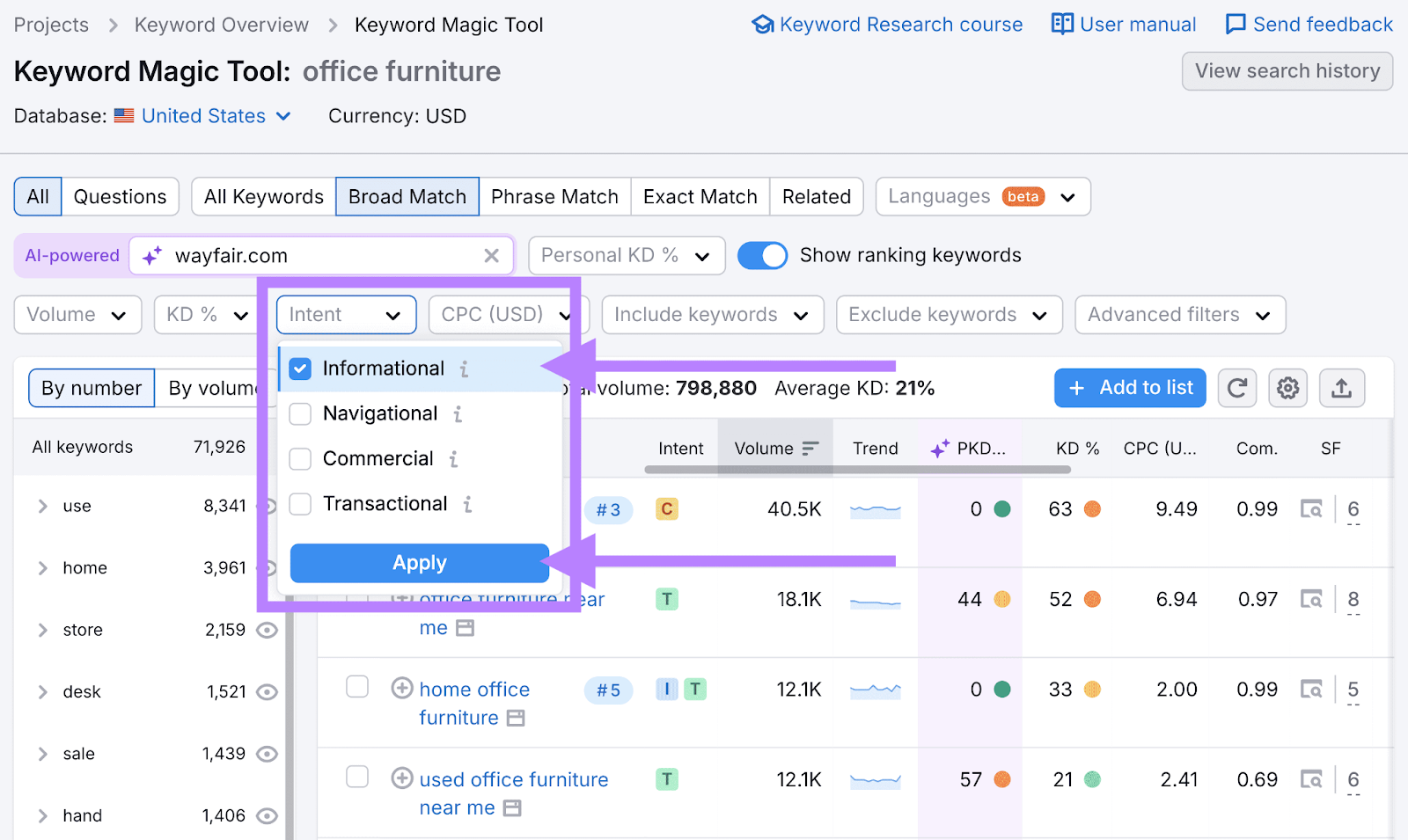 Keyword Magic Tool with the informational intent filter selected