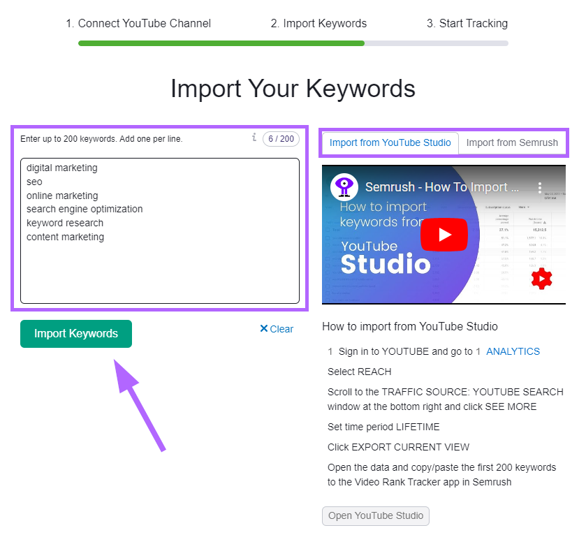 Rank Tracker for YouTube: Keywords importieren