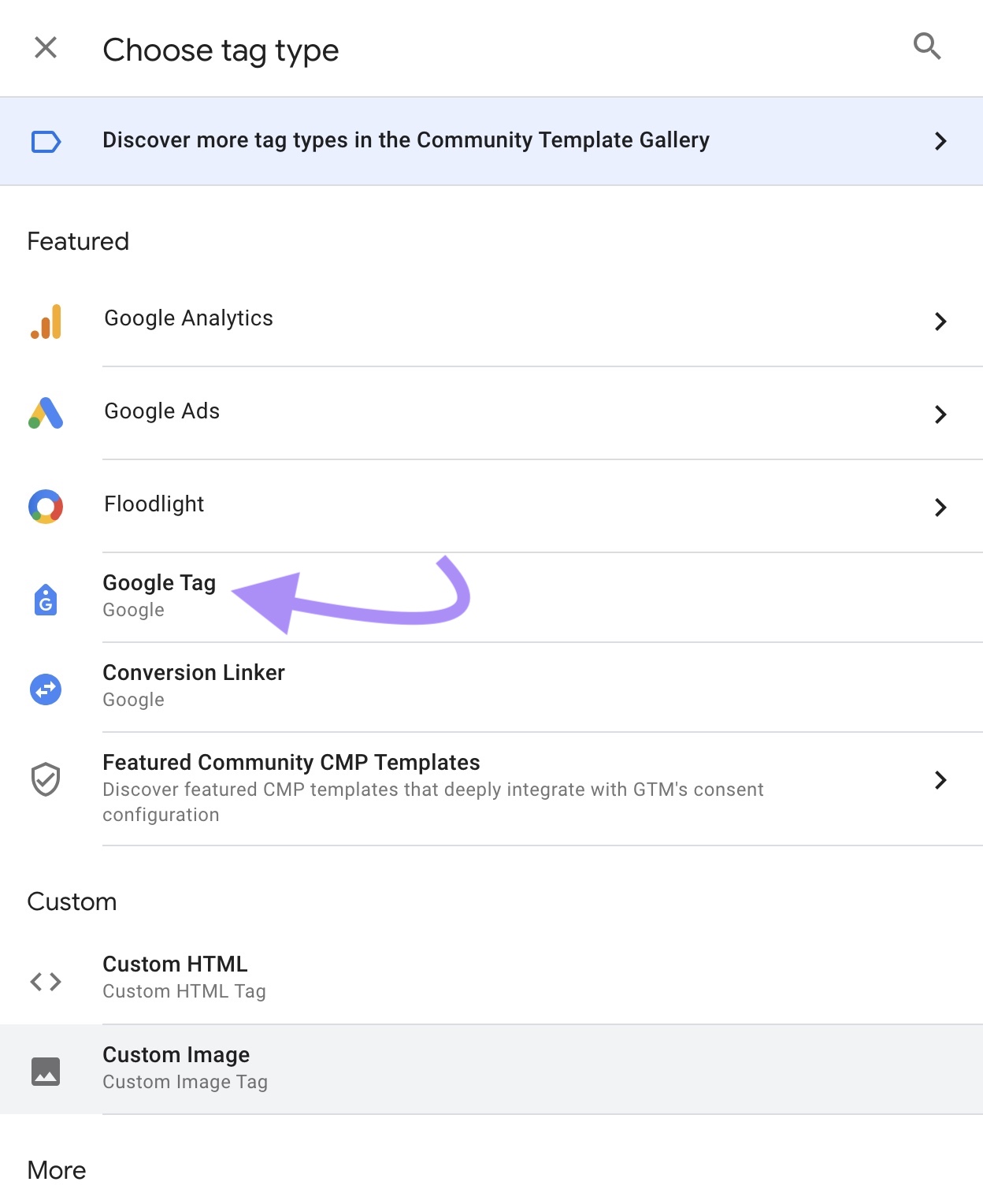"Google Tag" option selected under the “Choose tag type” window