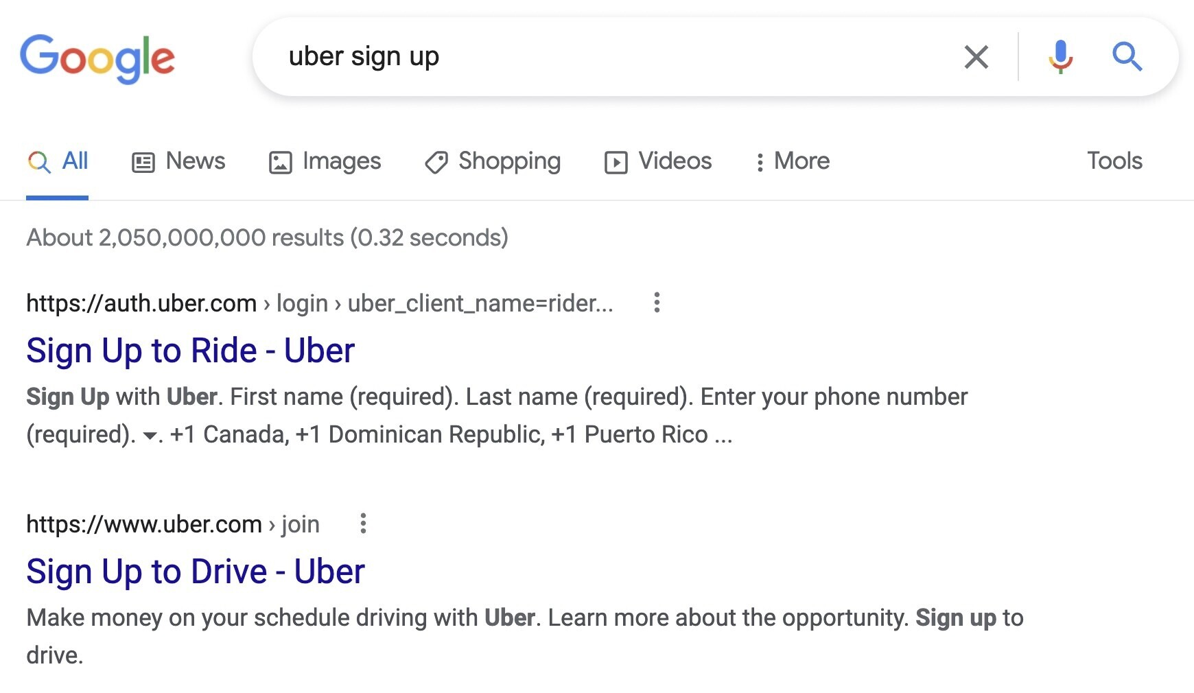 Google search for "uber sign up"