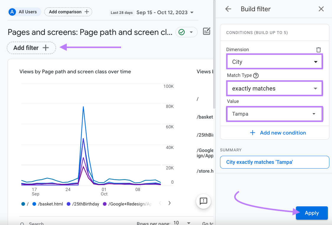 "Build filter" section opened on the right side of "Pages and screens" graph in GA4