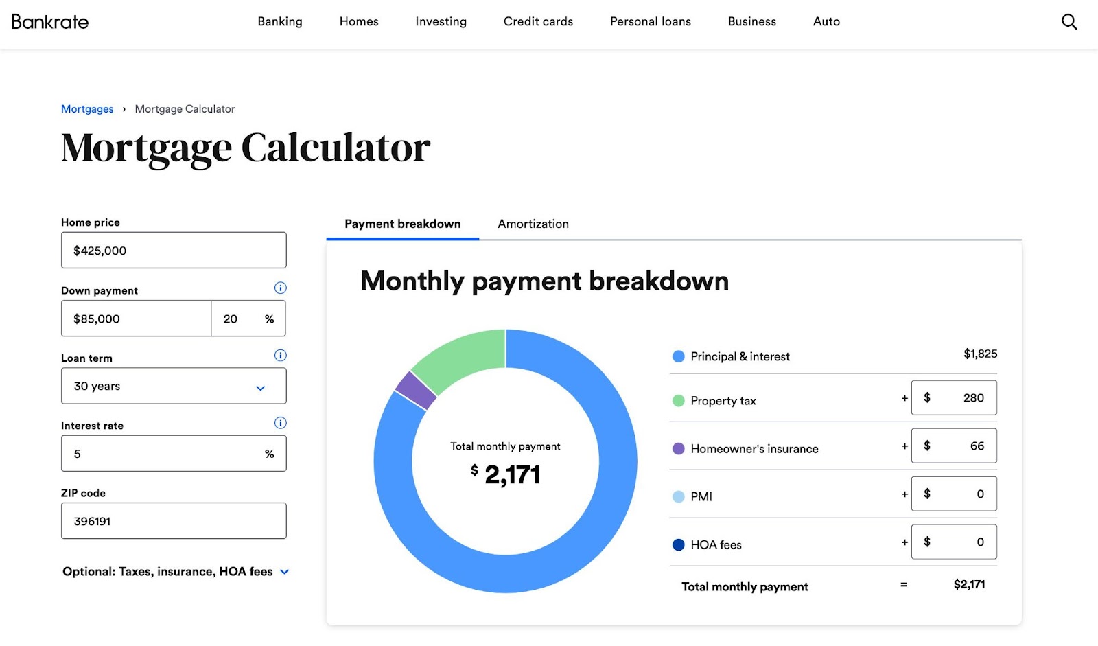 Mortgage rate calculator from bankrate.com